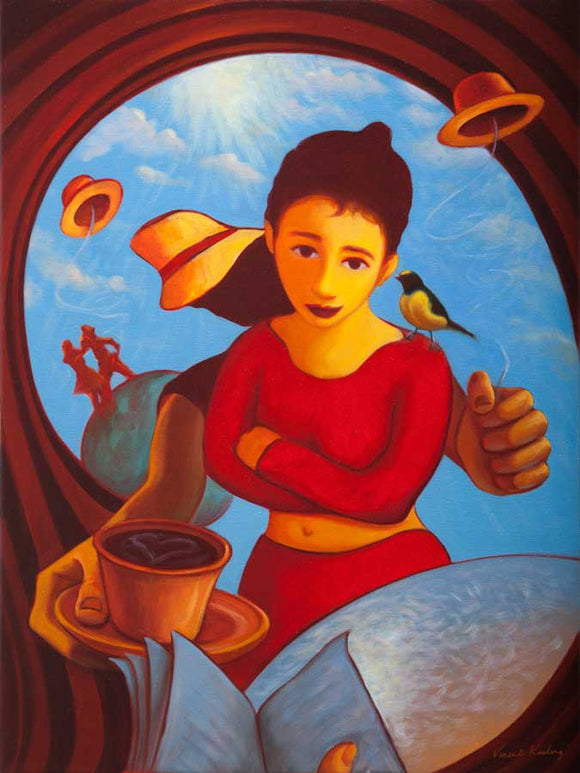 Colouful painting of a girl in red, standing before a customer in a cafe reading a book. Also coffee and flying hats featured